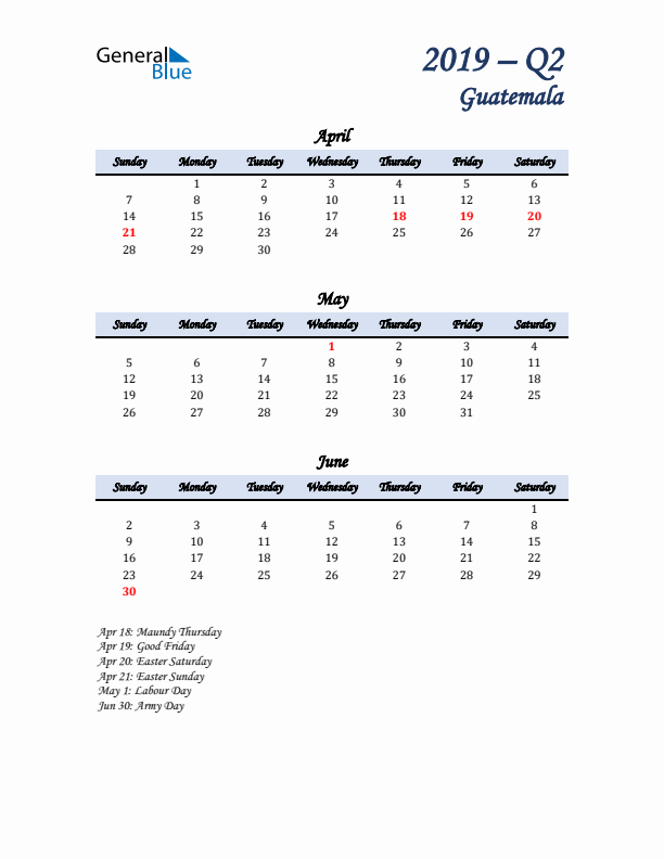 April, May, and June Calendar for Guatemala with Sunday Start