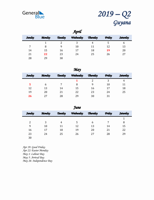 April, May, and June Calendar for Guyana with Sunday Start