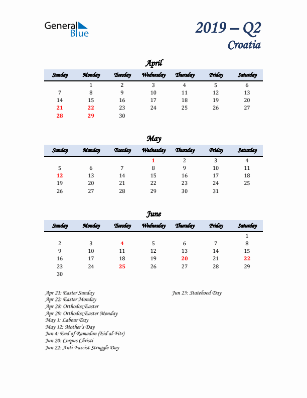 April, May, and June Calendar for Croatia with Sunday Start