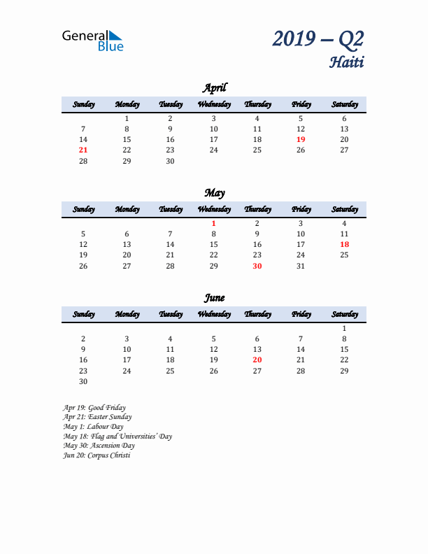 April, May, and June Calendar for Haiti with Sunday Start