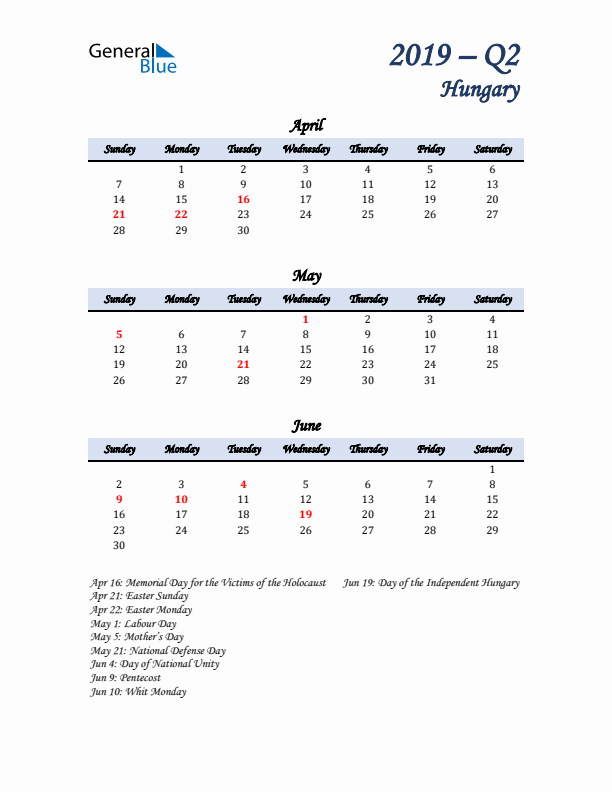 April, May, and June Calendar for Hungary with Sunday Start