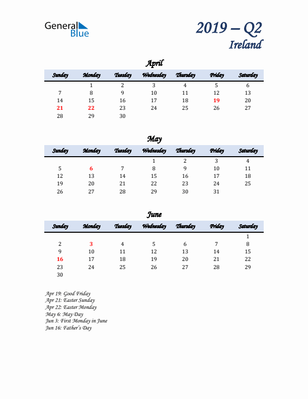 April, May, and June Calendar for Ireland with Sunday Start