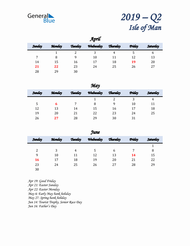 April, May, and June Calendar for Isle of Man with Sunday Start