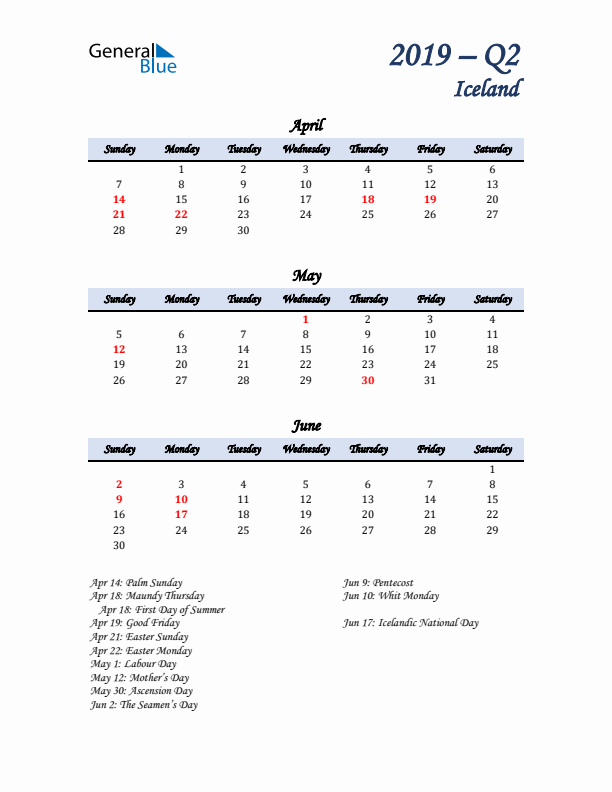 April, May, and June Calendar for Iceland with Sunday Start