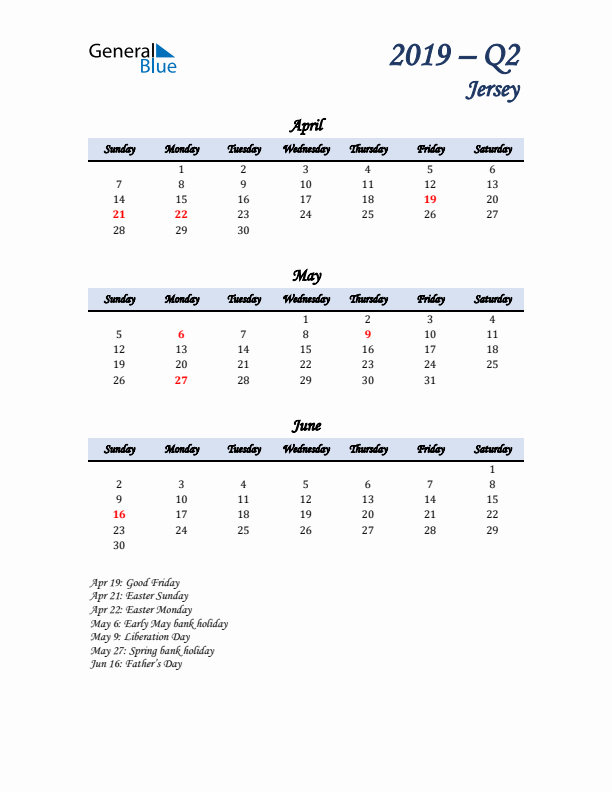 April, May, and June Calendar for Jersey with Sunday Start