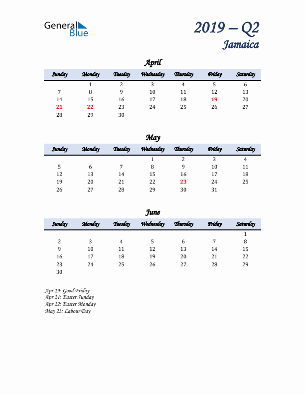 April, May, and June Calendar for Jamaica with Sunday Start