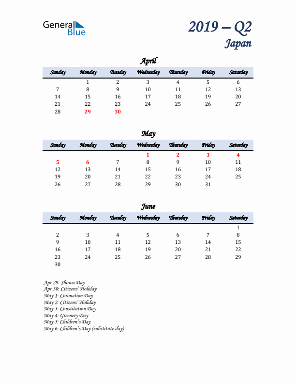 April, May, and June Calendar for Japan with Sunday Start