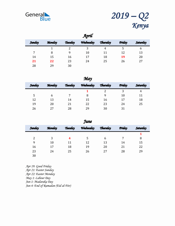 April, May, and June Calendar for Kenya with Sunday Start