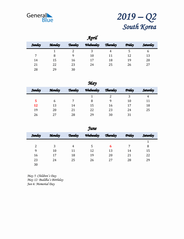 April, May, and June Calendar for South Korea with Sunday Start