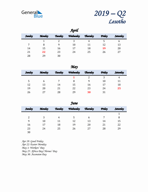 April, May, and June Calendar for Lesotho with Sunday Start