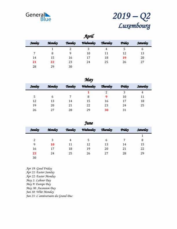 April, May, and June Calendar for Luxembourg with Sunday Start