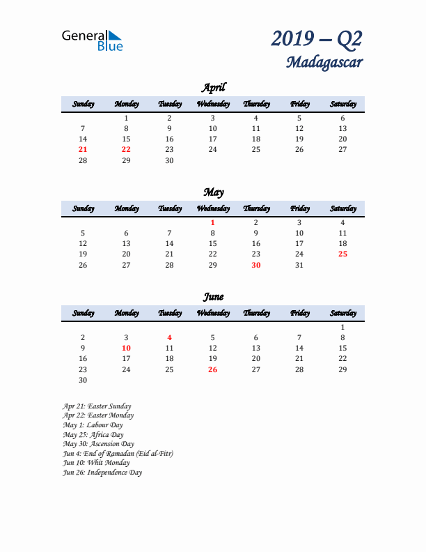 April, May, and June Calendar for Madagascar with Sunday Start