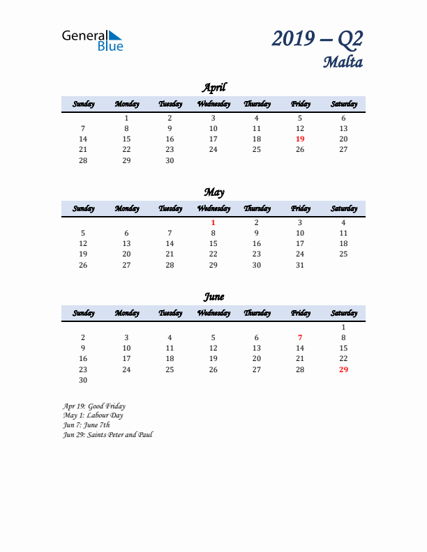 April, May, and June Calendar for Malta with Sunday Start