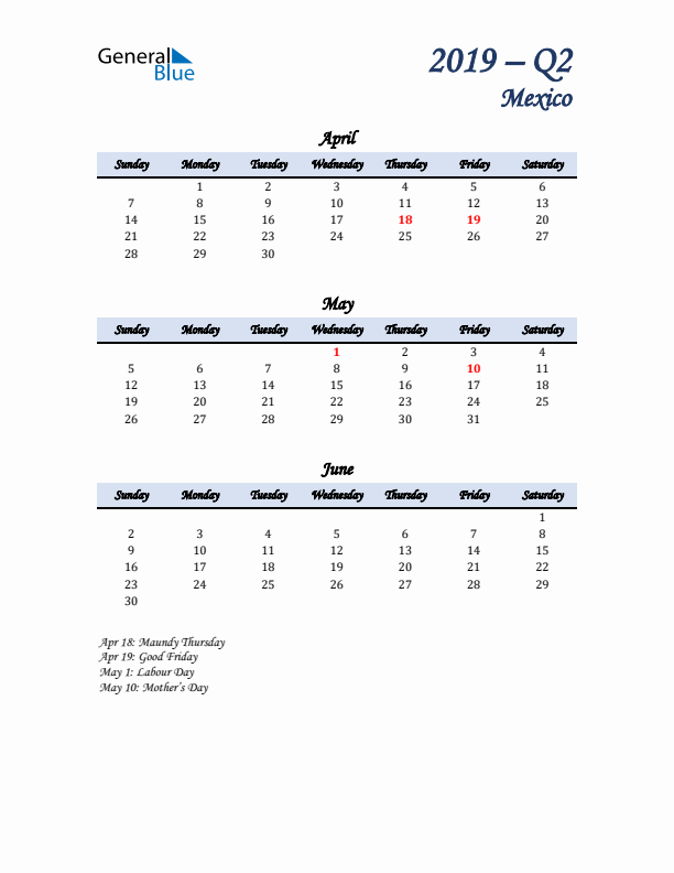 April, May, and June Calendar for Mexico with Sunday Start