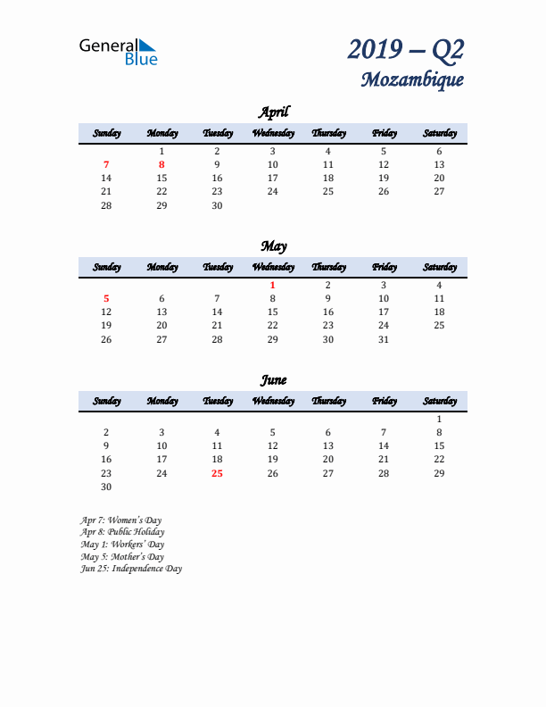 April, May, and June Calendar for Mozambique with Sunday Start