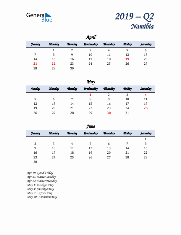 April, May, and June Calendar for Namibia with Sunday Start