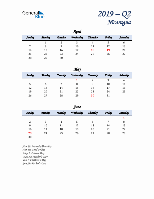 April, May, and June Calendar for Nicaragua with Sunday Start