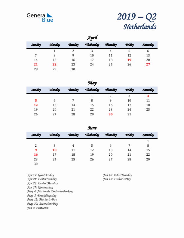 April, May, and June Calendar for The Netherlands with Sunday Start