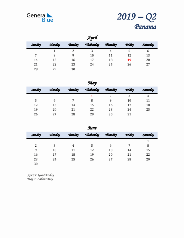 April, May, and June Calendar for Panama with Sunday Start