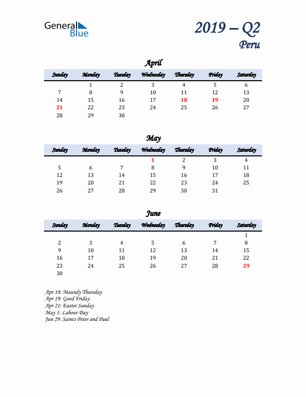 April, May, and June Calendar for Peru with Sunday Start