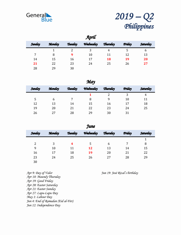 April, May, and June Calendar for Philippines with Sunday Start