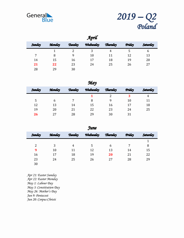 April, May, and June Calendar for Poland with Sunday Start