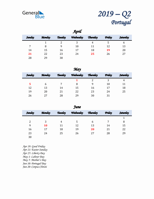 April, May, and June Calendar for Portugal with Sunday Start