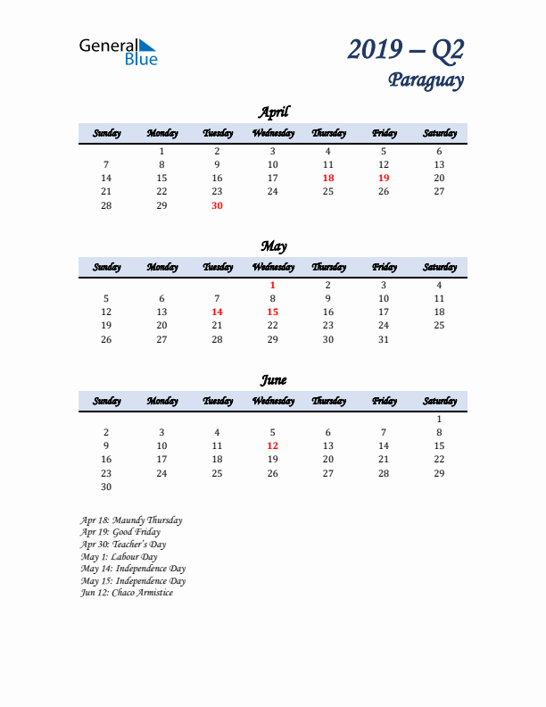 April, May, and June Calendar for Paraguay with Sunday Start