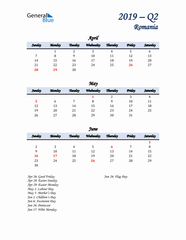 April, May, and June Calendar for Romania with Sunday Start