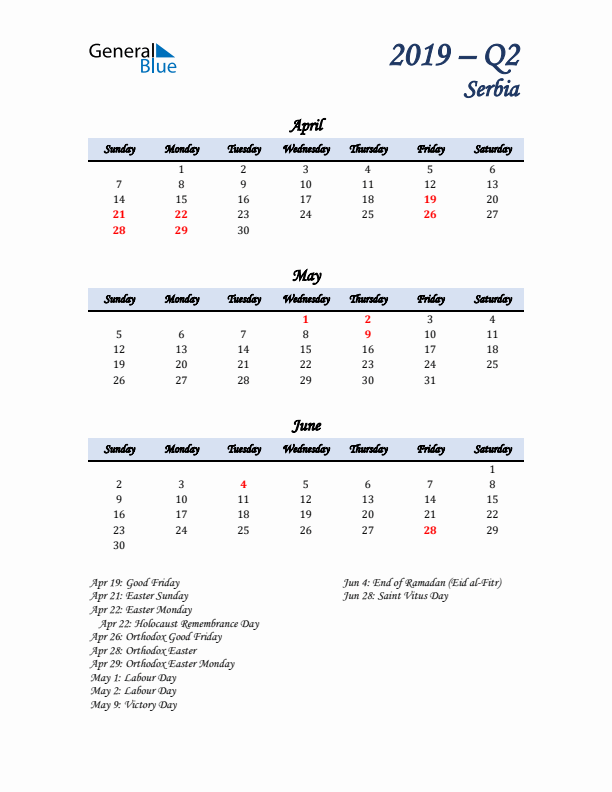 April, May, and June Calendar for Serbia with Sunday Start