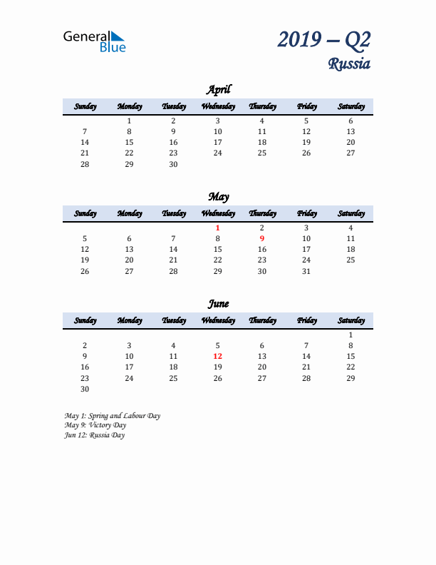 April, May, and June Calendar for Russia with Sunday Start