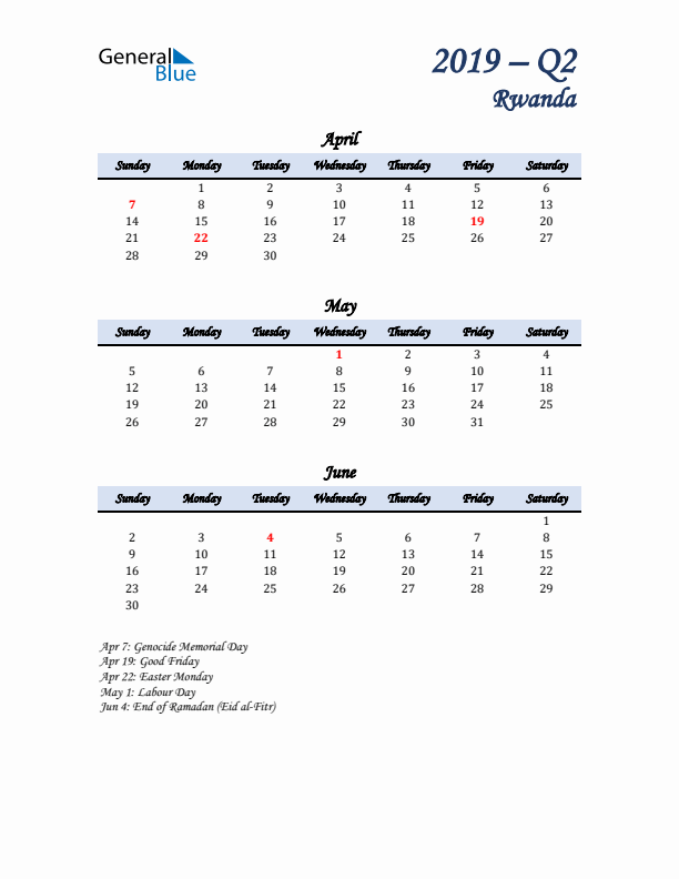 April, May, and June Calendar for Rwanda with Sunday Start