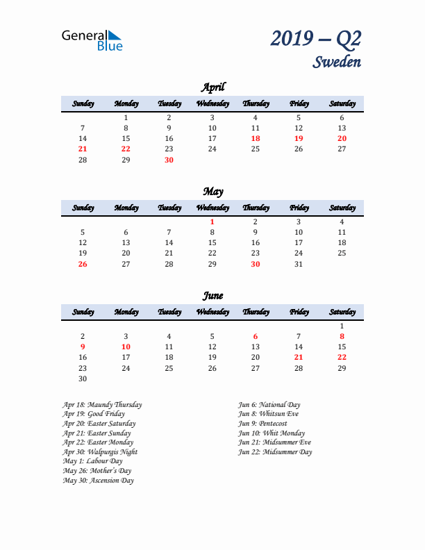 April, May, and June Calendar for Sweden with Sunday Start