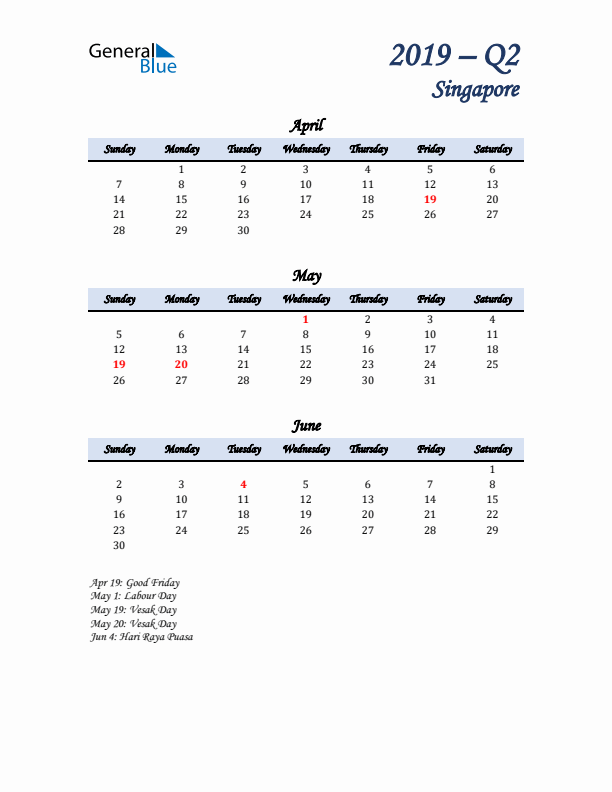 April, May, and June Calendar for Singapore with Sunday Start