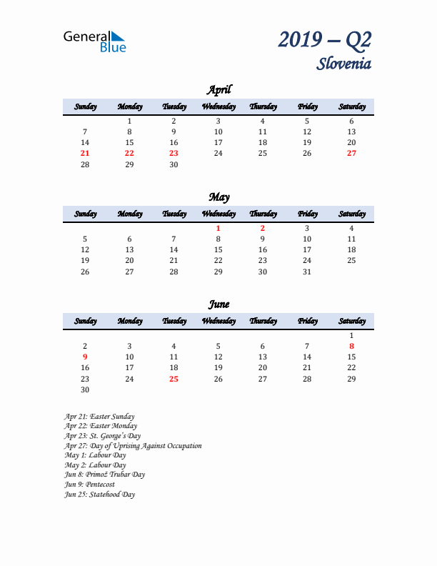 April, May, and June Calendar for Slovenia with Sunday Start