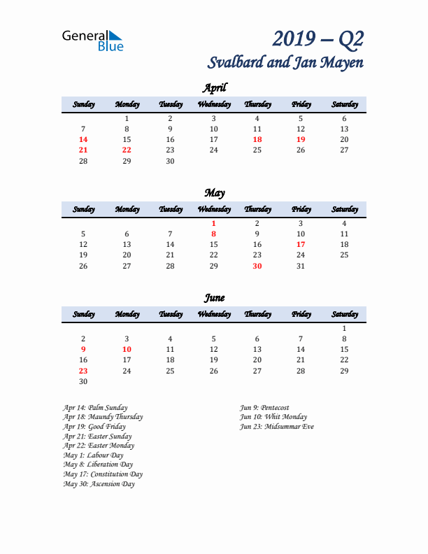 April, May, and June Calendar for Svalbard and Jan Mayen with Sunday Start