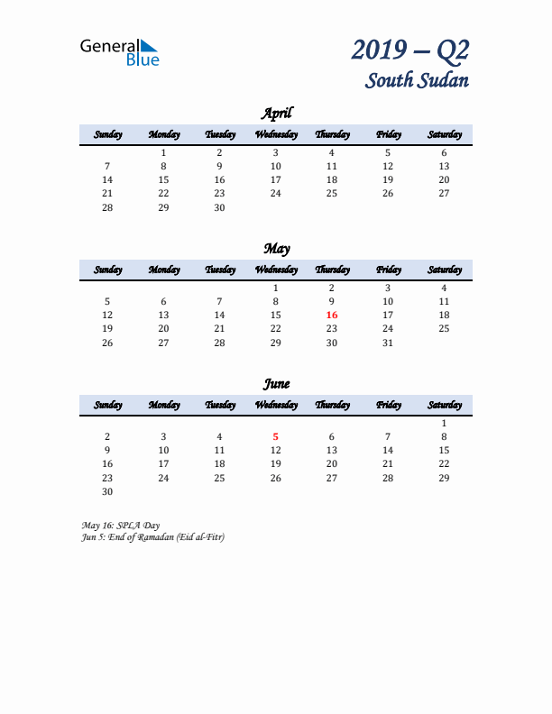 April, May, and June Calendar for South Sudan with Sunday Start