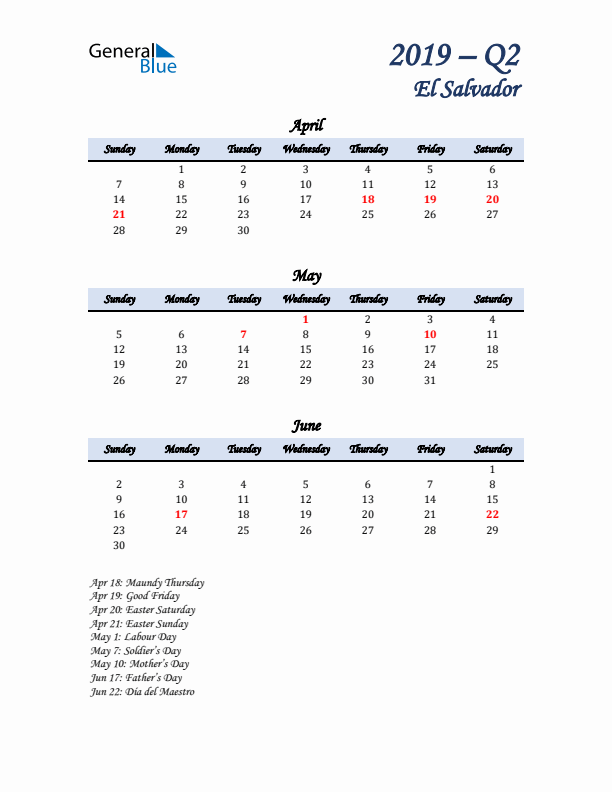 April, May, and June Calendar for El Salvador with Sunday Start