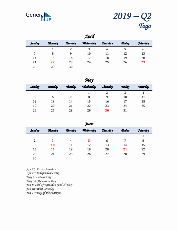 April, May, and June Calendar for Togo with Sunday Start