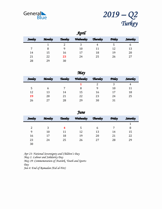 April, May, and June Calendar for Turkey with Sunday Start