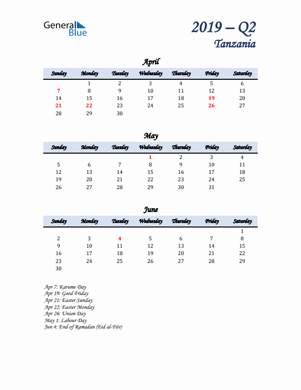 April, May, and June Calendar for Tanzania with Sunday Start