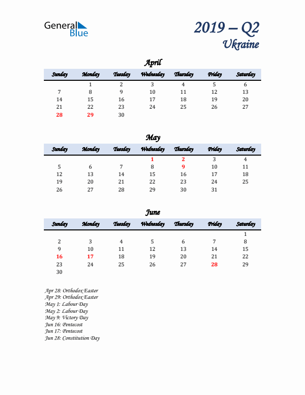 April, May, and June Calendar for Ukraine with Sunday Start