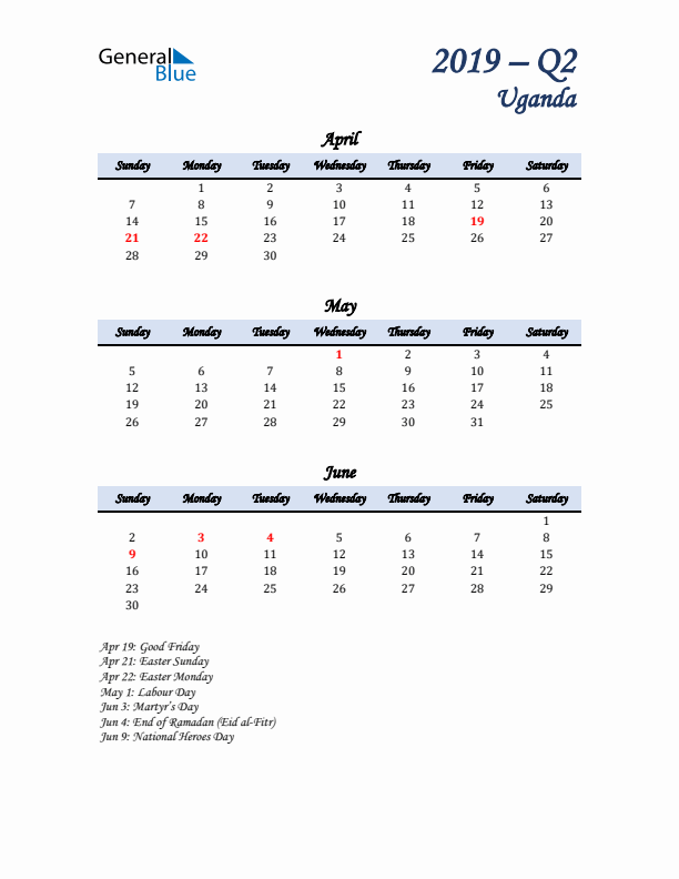 April, May, and June Calendar for Uganda with Sunday Start