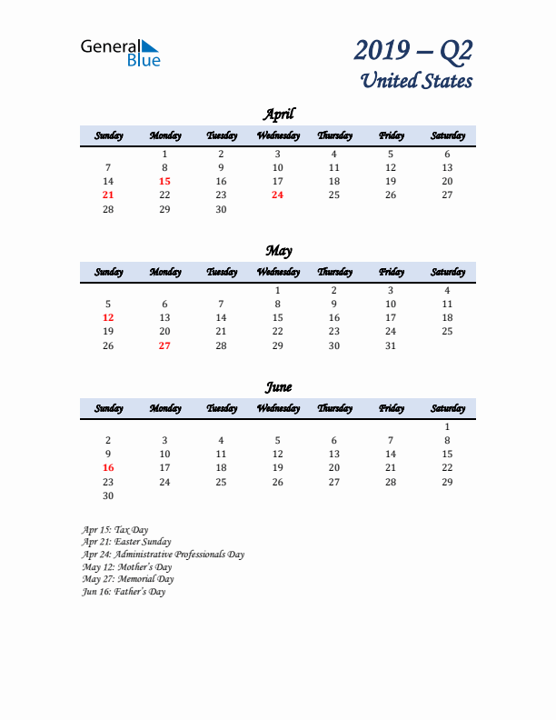 April, May, and June Calendar for United States with Sunday Start