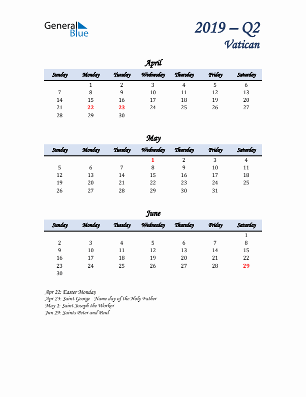 April, May, and June Calendar for Vatican with Sunday Start