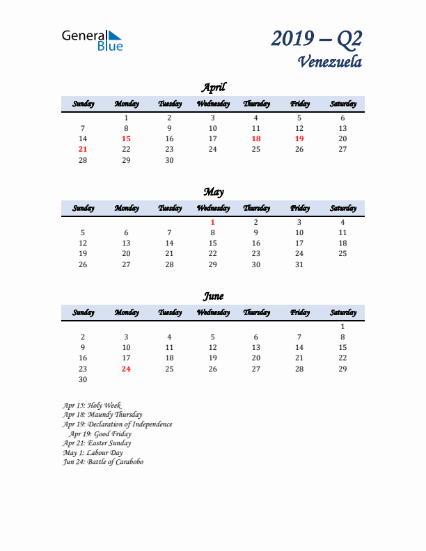 April, May, and June Calendar for Venezuela with Sunday Start