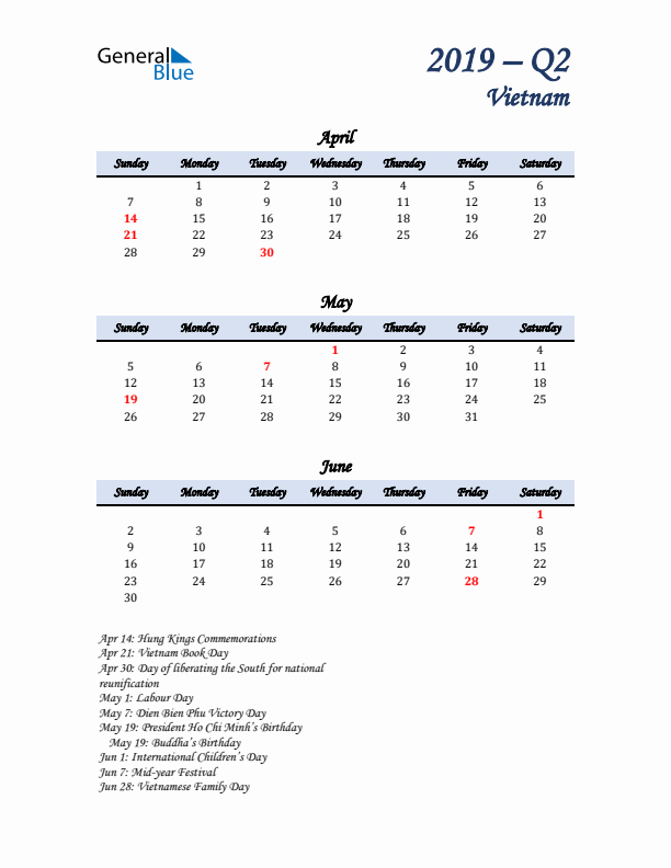 April, May, and June Calendar for Vietnam with Sunday Start