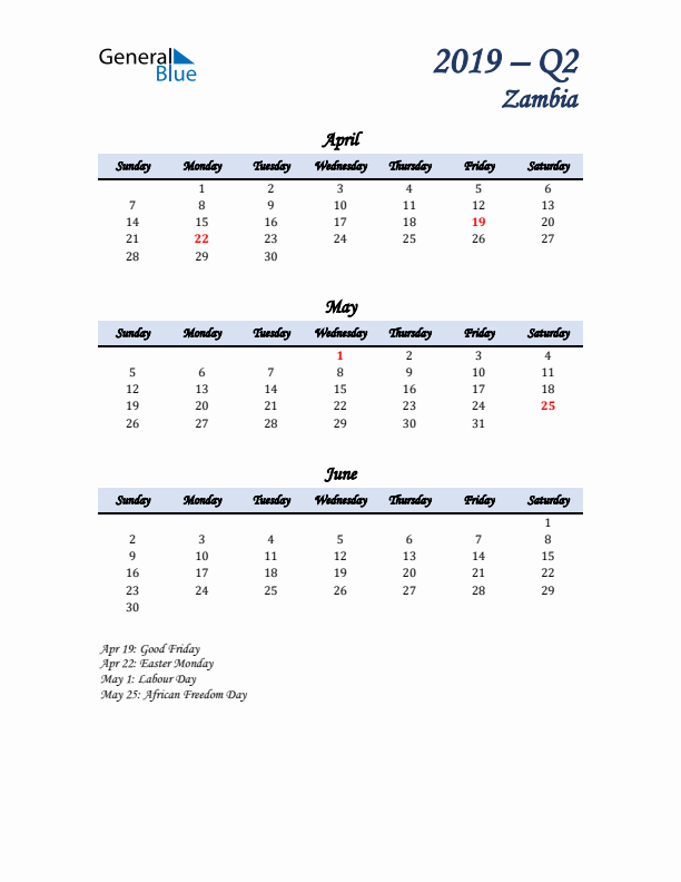 April, May, and June Calendar for Zambia with Sunday Start