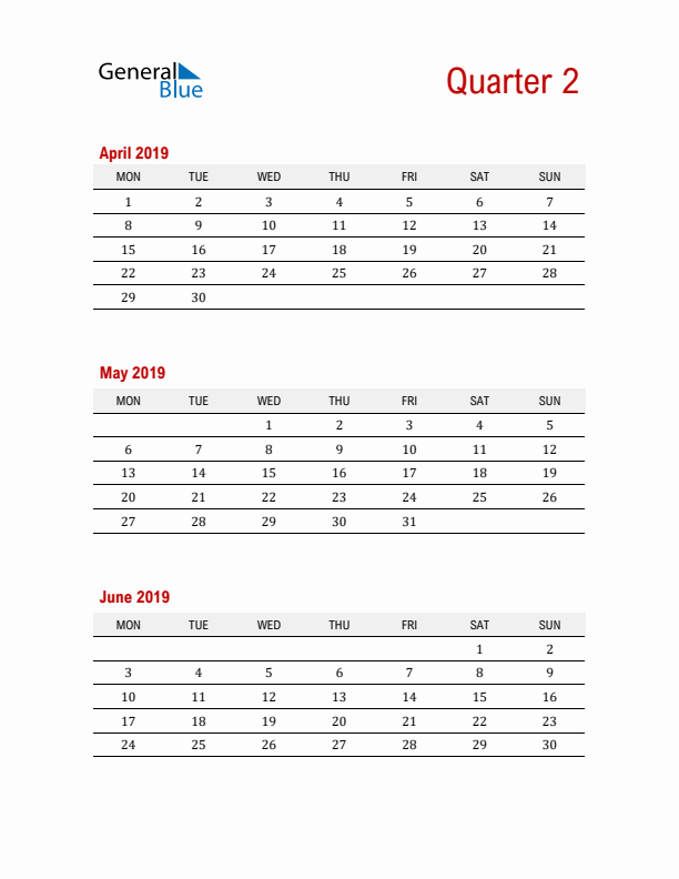 Three-Month Printable Calendar 2019