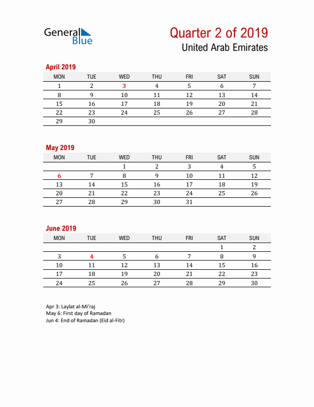 Printable Three Month Calendar with United Arab Emirates Holidays